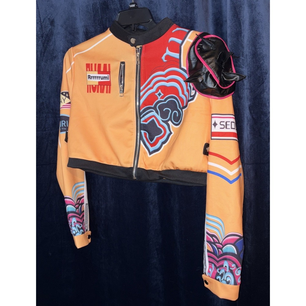 Rrrrrumi Yellow Graphic Anime Racing Track Jacket Mock Neck Full Zip Bomber
